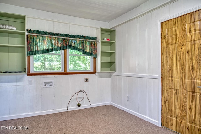 carpeted spare room featuring built in shelves and wood walls