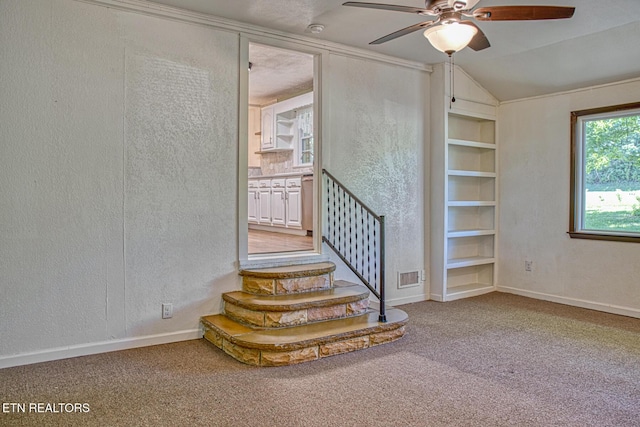 stairway with ceiling fan, built in features, carpet, and lofted ceiling