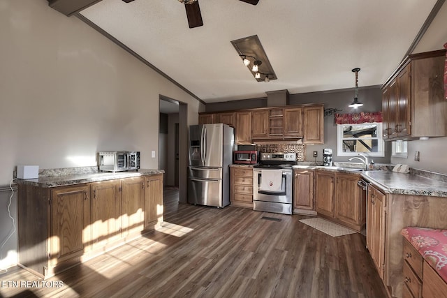 kitchen featuring appliances with stainless steel finishes, lofted ceiling, dark hardwood / wood-style floors, and pendant lighting