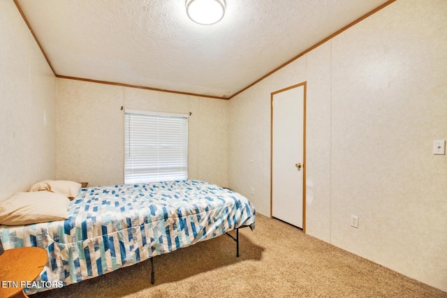 bedroom with carpet and a textured ceiling