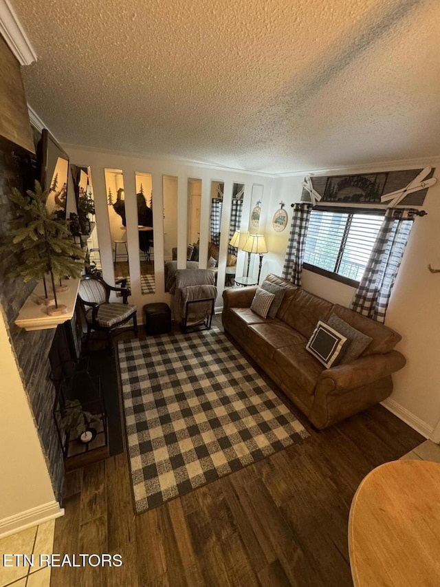 living room with a textured ceiling and hardwood / wood-style flooring