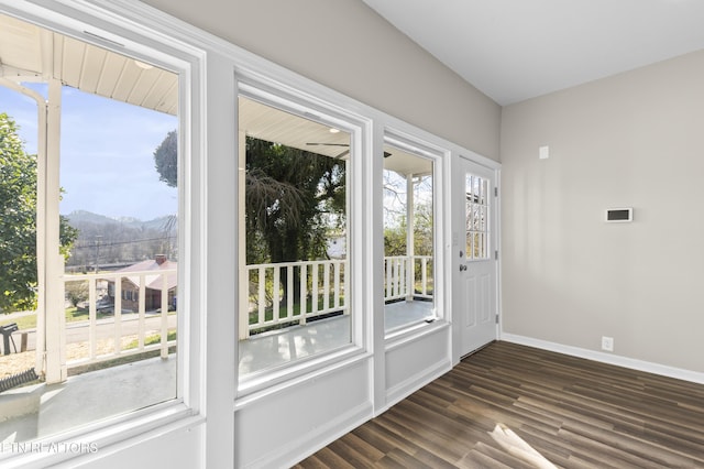 doorway to outside featuring a mountain view, a healthy amount of sunlight, and dark hardwood / wood-style floors