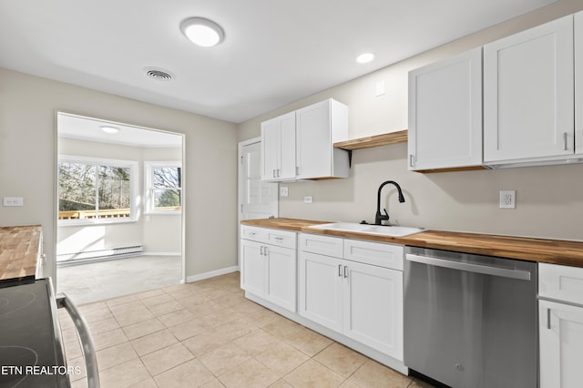 kitchen featuring wooden counters, range, white cabinets, and stainless steel dishwasher