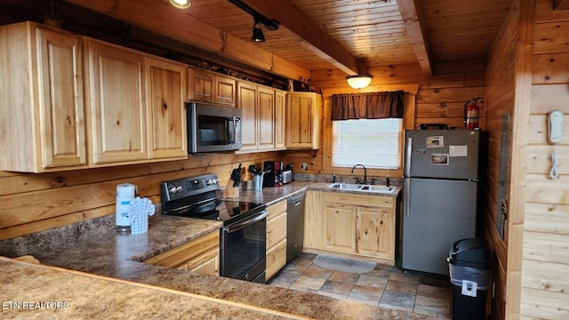 kitchen with beam ceiling, sink, wooden ceiling, wooden walls, and appliances with stainless steel finishes