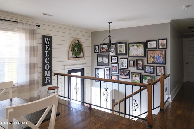 hall featuring a wealth of natural light and dark hardwood / wood-style floors