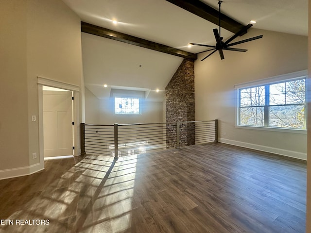 unfurnished living room featuring high vaulted ceiling, dark hardwood / wood-style floors, beam ceiling, and ceiling fan