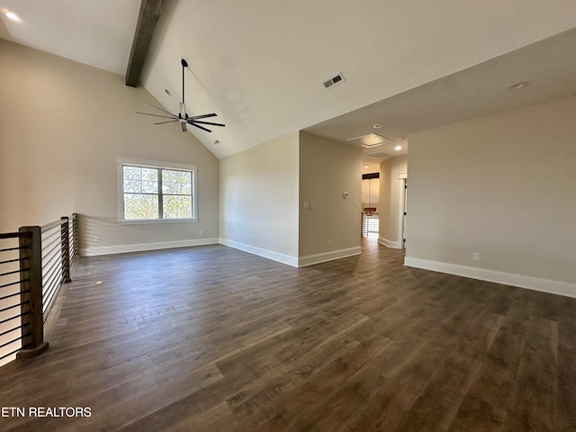 unfurnished room featuring a ceiling fan, baseboards, high vaulted ceiling, beam ceiling, and dark wood-style flooring