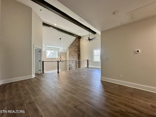 unfurnished room with beamed ceiling, high vaulted ceiling, ceiling fan with notable chandelier, baseboards, and dark wood-style flooring