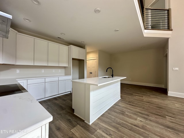 kitchen with light countertops, white cabinets, dark wood-style floors, and a sink
