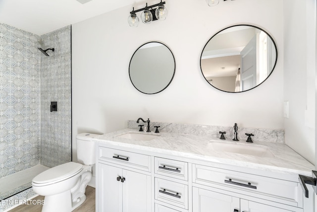 bathroom with a tile shower, vanity, and toilet