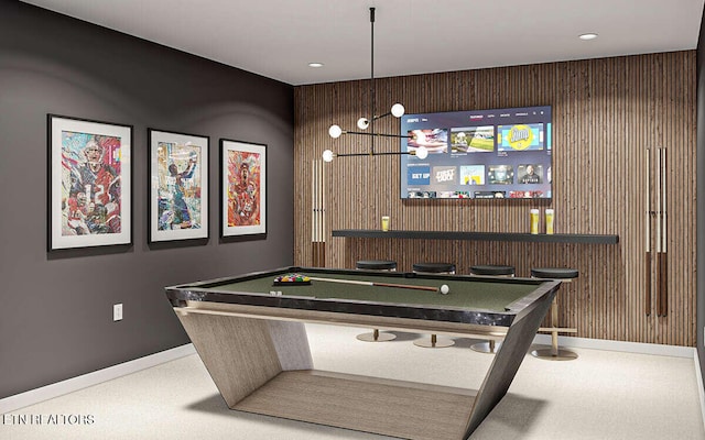 recreation room featuring wood walls and billiards