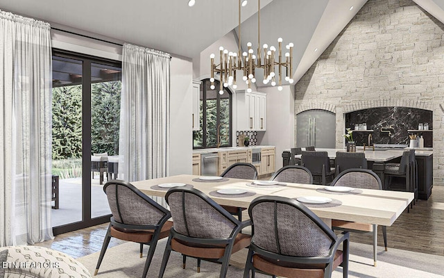 dining area with light hardwood / wood-style flooring and a chandelier