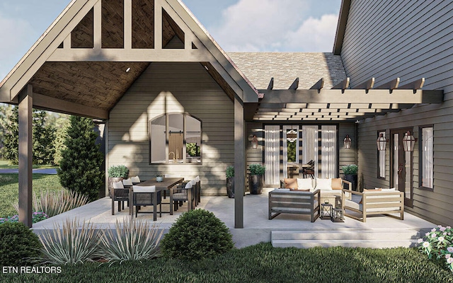 view of patio / terrace with a pergola and outdoor lounge area