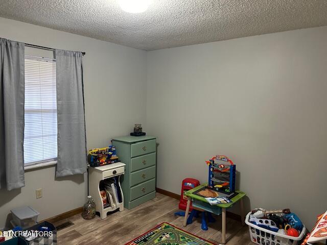 rec room with a textured ceiling and light wood-type flooring