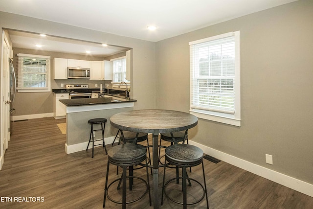 dining area with sink and dark wood-type flooring