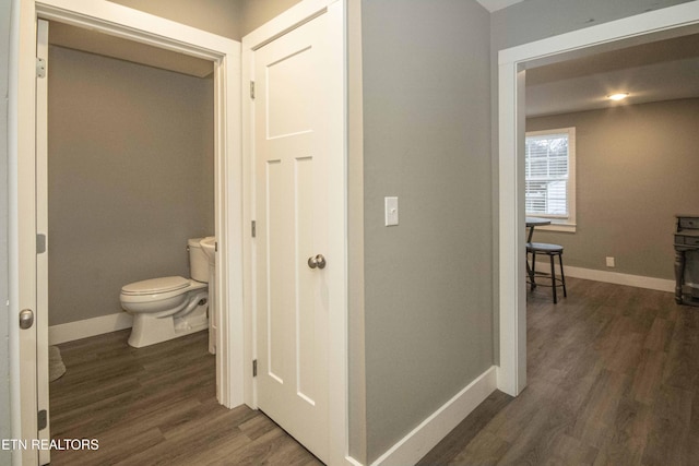 hallway with dark hardwood / wood-style flooring