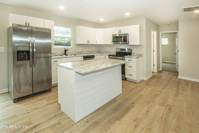 kitchen featuring light stone countertops, sink, a kitchen island, white cabinets, and appliances with stainless steel finishes