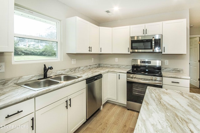 kitchen with sink, light hardwood / wood-style flooring, light stone counters, white cabinetry, and stainless steel appliances