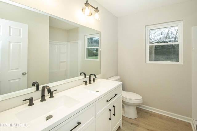 bathroom featuring vanity, wood-type flooring, and toilet