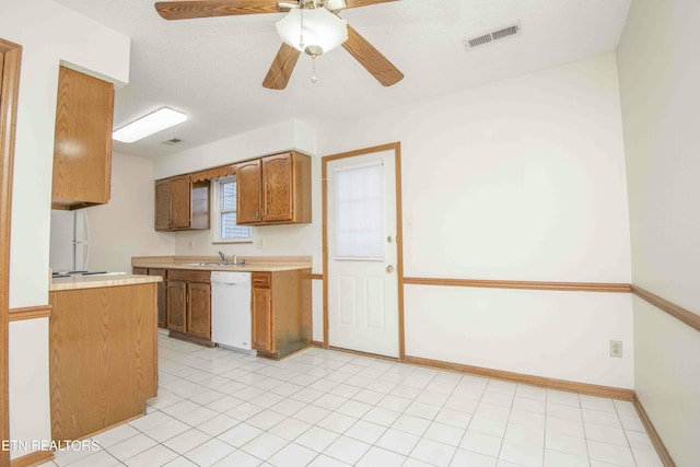 kitchen featuring dishwasher, ceiling fan, and sink