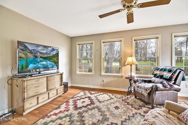 living room with wood-type flooring, a textured ceiling, and ceiling fan