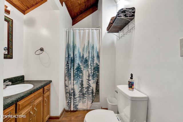 bathroom featuring curtained shower, wooden ceiling, toilet, vanity, and hardwood / wood-style flooring