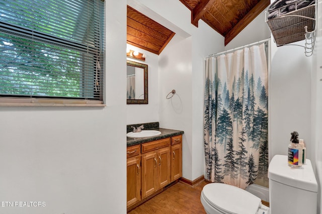 bathroom with vanity, lofted ceiling with beams, hardwood / wood-style flooring, toilet, and wood ceiling