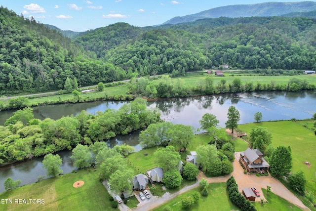 bird's eye view featuring a water and mountain view