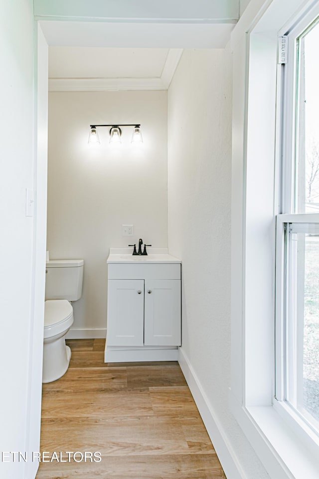 bathroom featuring vanity, toilet, wood-type flooring, and ornamental molding