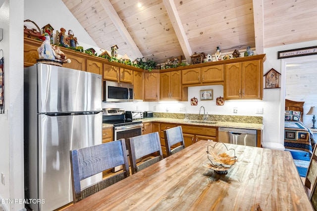 kitchen featuring lofted ceiling with beams, sink, light stone countertops, wood ceiling, and stainless steel appliances