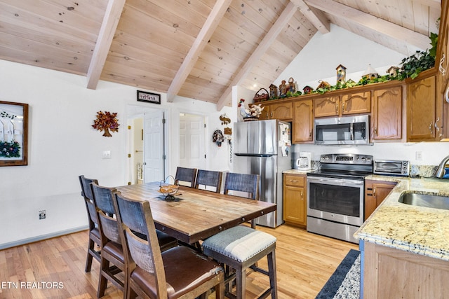 kitchen featuring sink, stainless steel appliances, light stone counters, light hardwood / wood-style floors, and wood ceiling