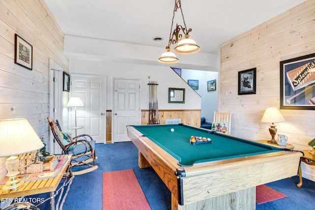 playroom with wooden walls, billiards, and dark colored carpet