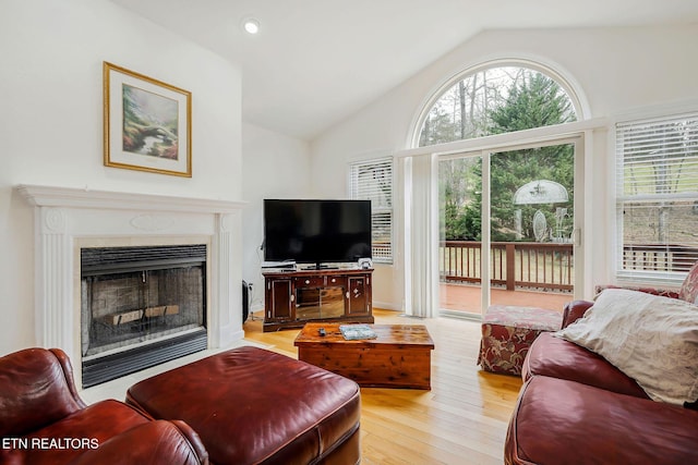 living room featuring light hardwood / wood-style flooring and vaulted ceiling