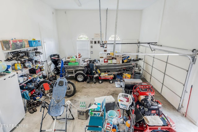 garage with white fridge