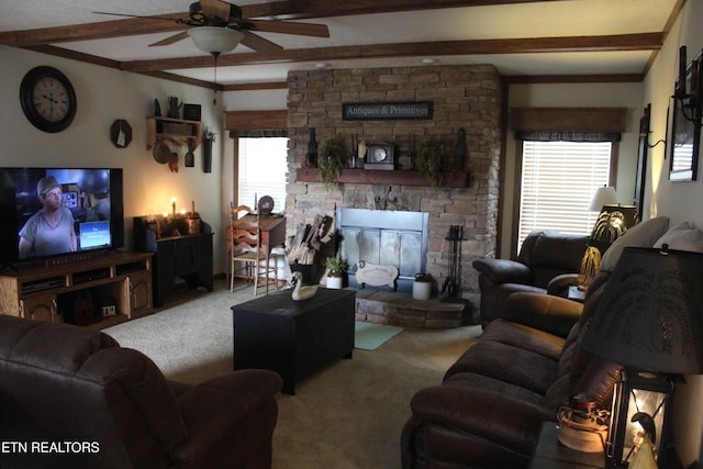 carpeted living room with beam ceiling, a wealth of natural light, and ceiling fan