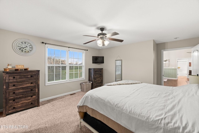 bedroom with light carpet and ceiling fan