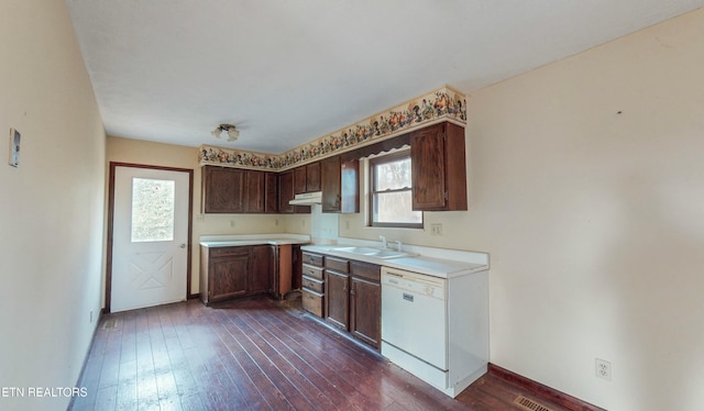 kitchen with sink, white dishwasher, a healthy amount of sunlight, and dark hardwood / wood-style floors