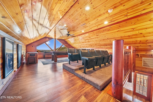 home theater with ceiling fan, wooden ceiling, vaulted ceiling, wooden walls, and hardwood / wood-style flooring