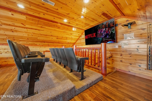 interior space with hardwood / wood-style flooring, wood walls, wooden ceiling, and vaulted ceiling