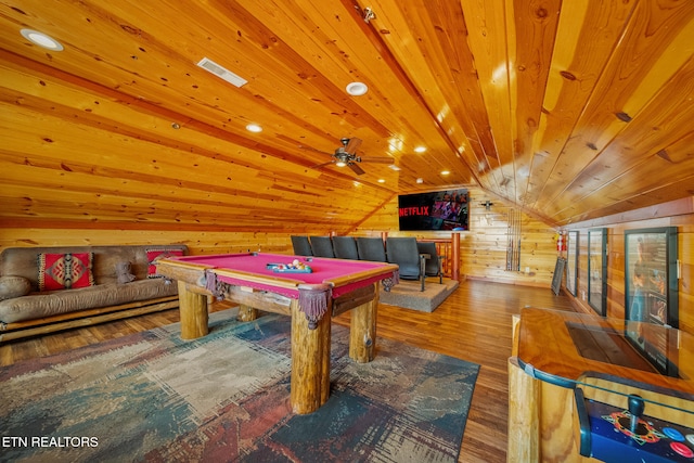 game room featuring wood walls, wooden ceiling, billiards, vaulted ceiling, and wood-type flooring