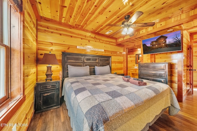 bedroom with wood walls, hardwood / wood-style floors, ceiling fan, and wooden ceiling