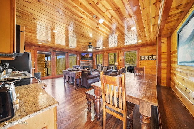 dining space with sink, wooden walls, ceiling fan, a fireplace, and wood ceiling