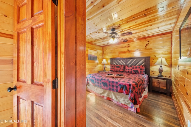 bedroom featuring ceiling fan, hardwood / wood-style floors, and wooden ceiling