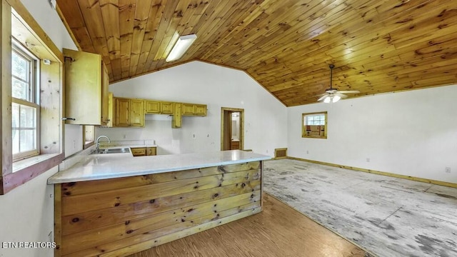 kitchen with light wood-type flooring, kitchen peninsula, sink, and a wealth of natural light