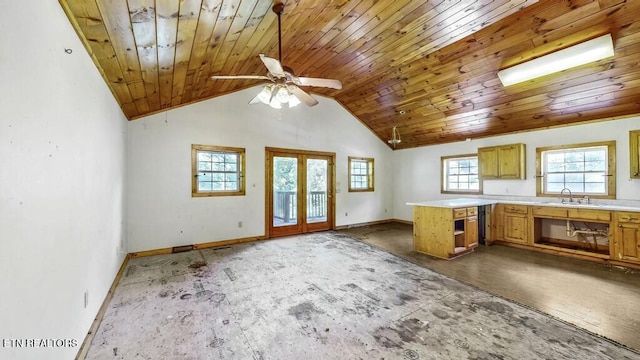 unfurnished living room featuring ceiling fan, french doors, sink, wooden ceiling, and high vaulted ceiling