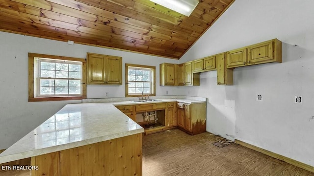 kitchen with a healthy amount of sunlight, lofted ceiling, sink, and wooden ceiling