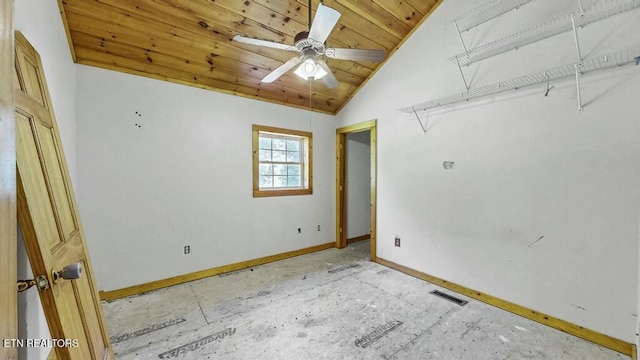 interior space featuring ceiling fan, lofted ceiling, and wood ceiling