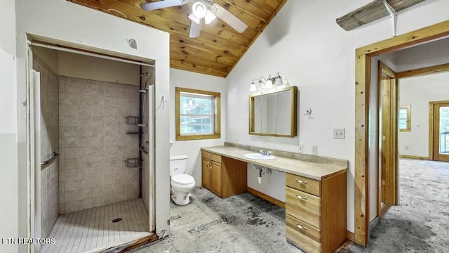 bathroom with ceiling fan, wooden ceiling, vaulted ceiling, tiled shower, and toilet