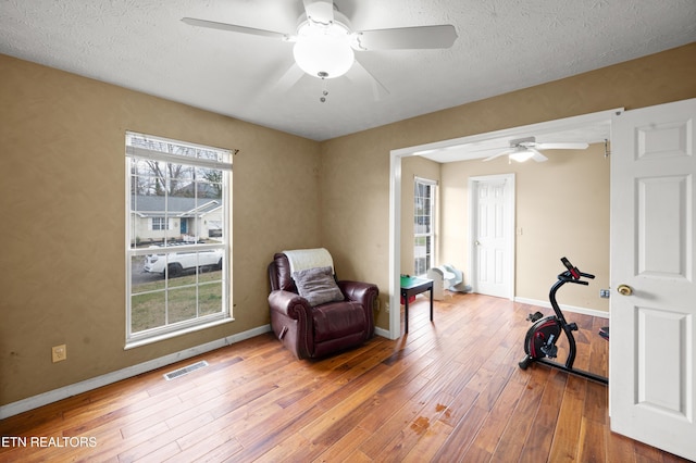 sitting room featuring plenty of natural light, wood-type flooring, and a textured ceiling