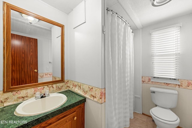 bathroom with vanity, a textured ceiling, and toilet